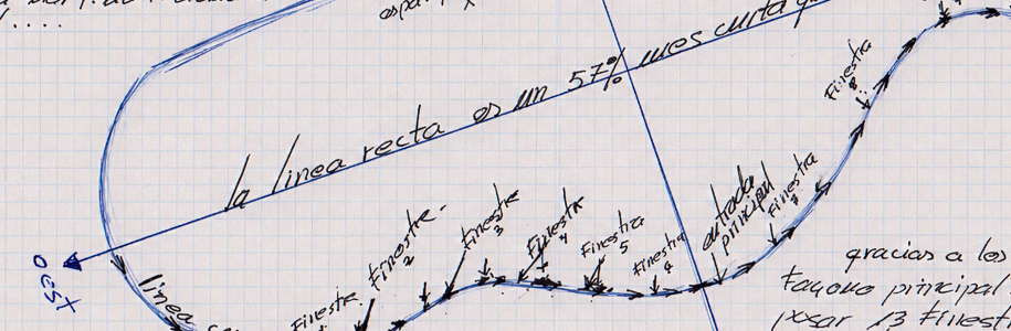 Detail of a La Casa Verda drawing comparing the straight line with the curved line and indicating an approximate ratio of 57%.